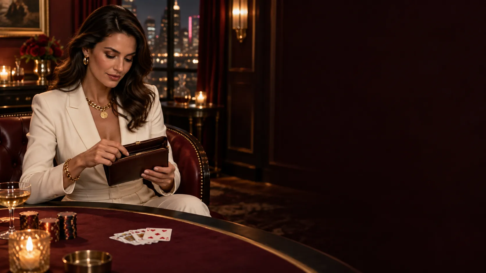 Woman opening a leather wallet at a candlelit card table, a scene for explaining Here2Win Casino withdrawal payments