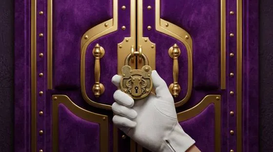 Purple safe-style doors with gold fixtures and a hanging padlock
