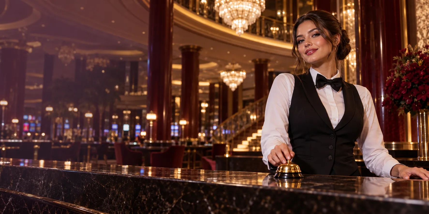 Croupier resting a hand on a gold desk bell in a casino atrium