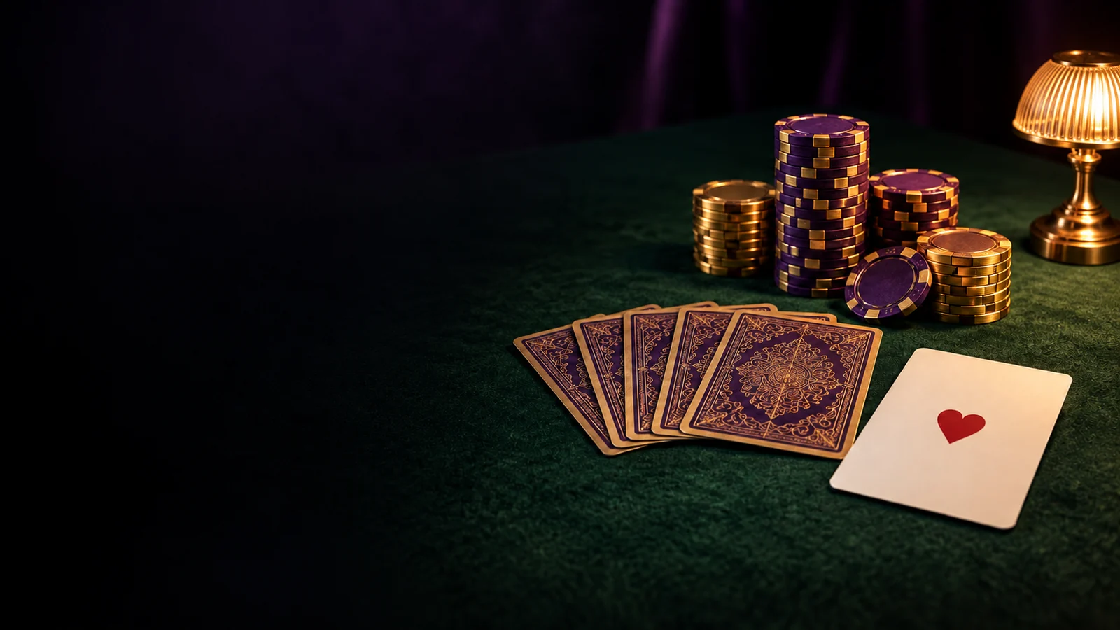Stacked casino chips and fanned playing cards arranged on green felt