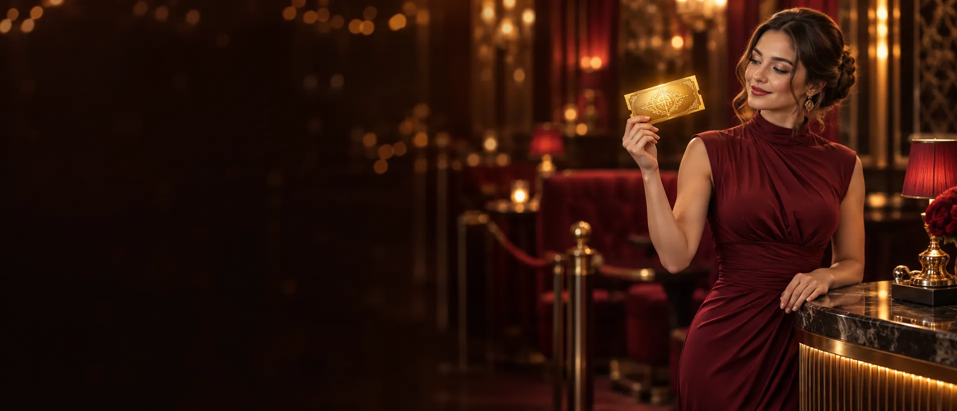 Elegant woman smiling as she holds a glowing golden ticket at a private casino lounge counter