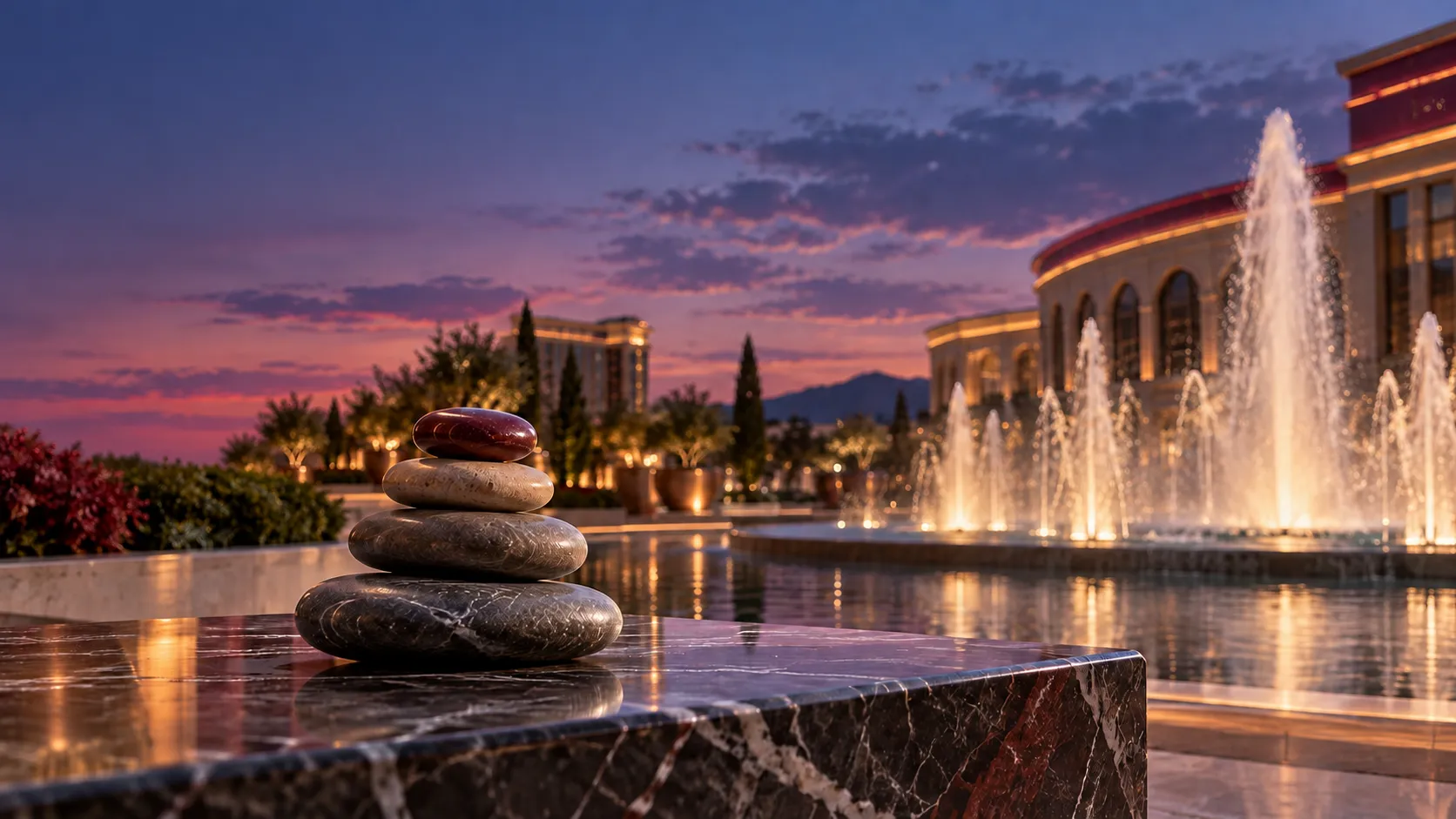 Balanced stones stacked on marble beside a dusk casino plaza fountain, a quiet symbol of paced, steady play