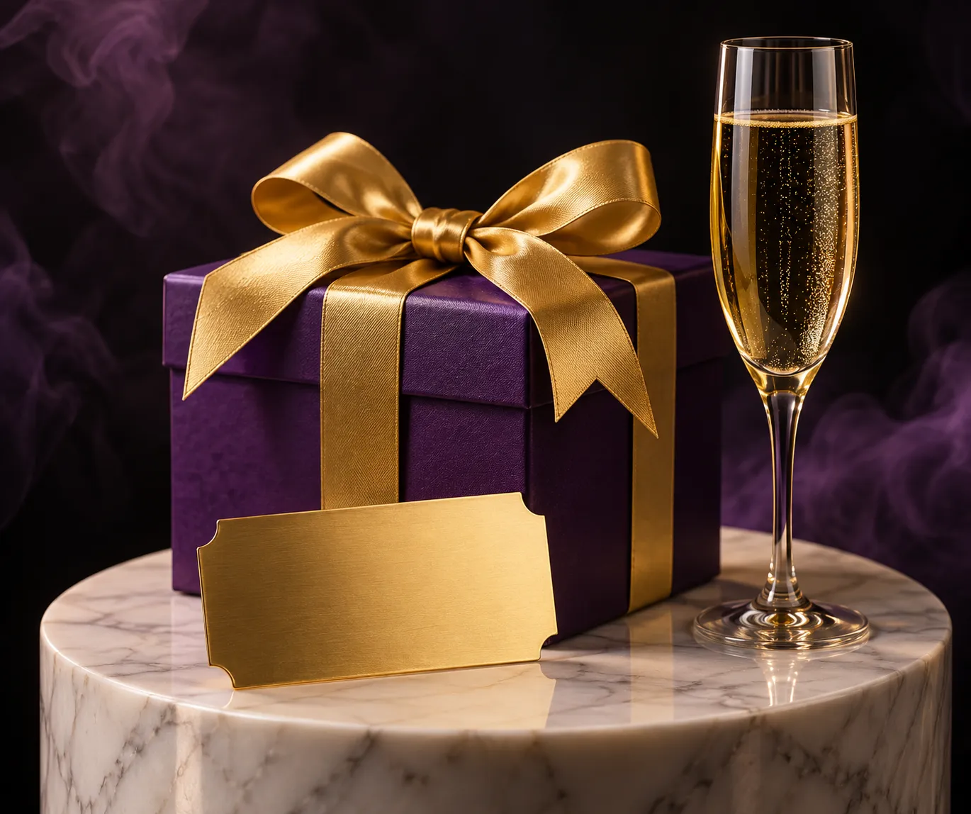 Gift box and golden ticket displayed on a pedestal, symbolic of a staged bonus reveal