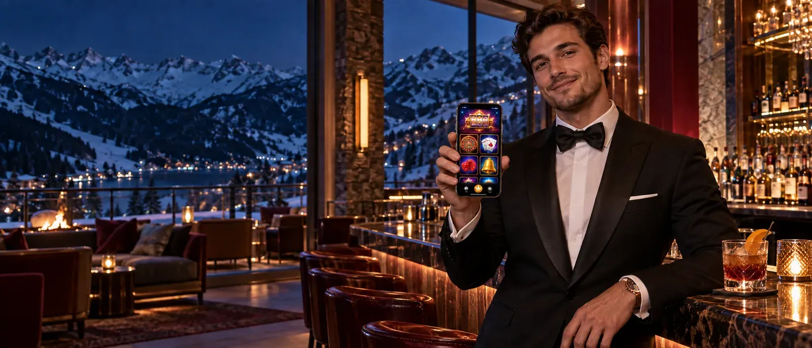 Man holding a phone with a glowing casino lobby at an alpine lodge bar
