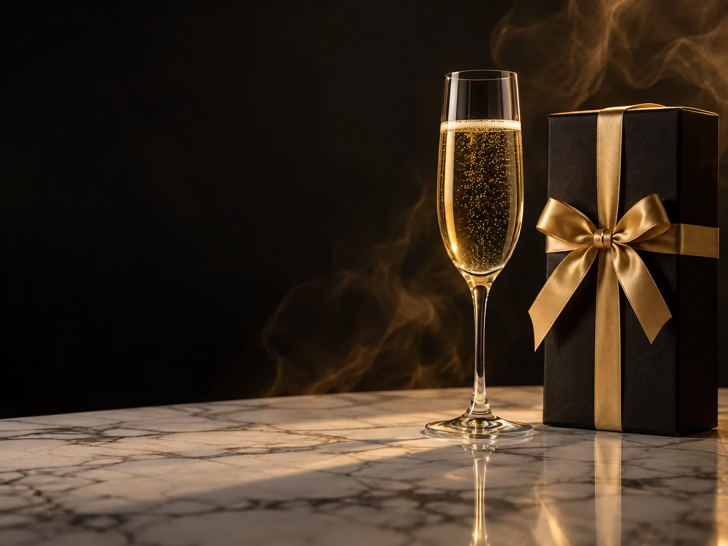 Two champagne glasses on a marble counter, marking an ongoing weekly promotion