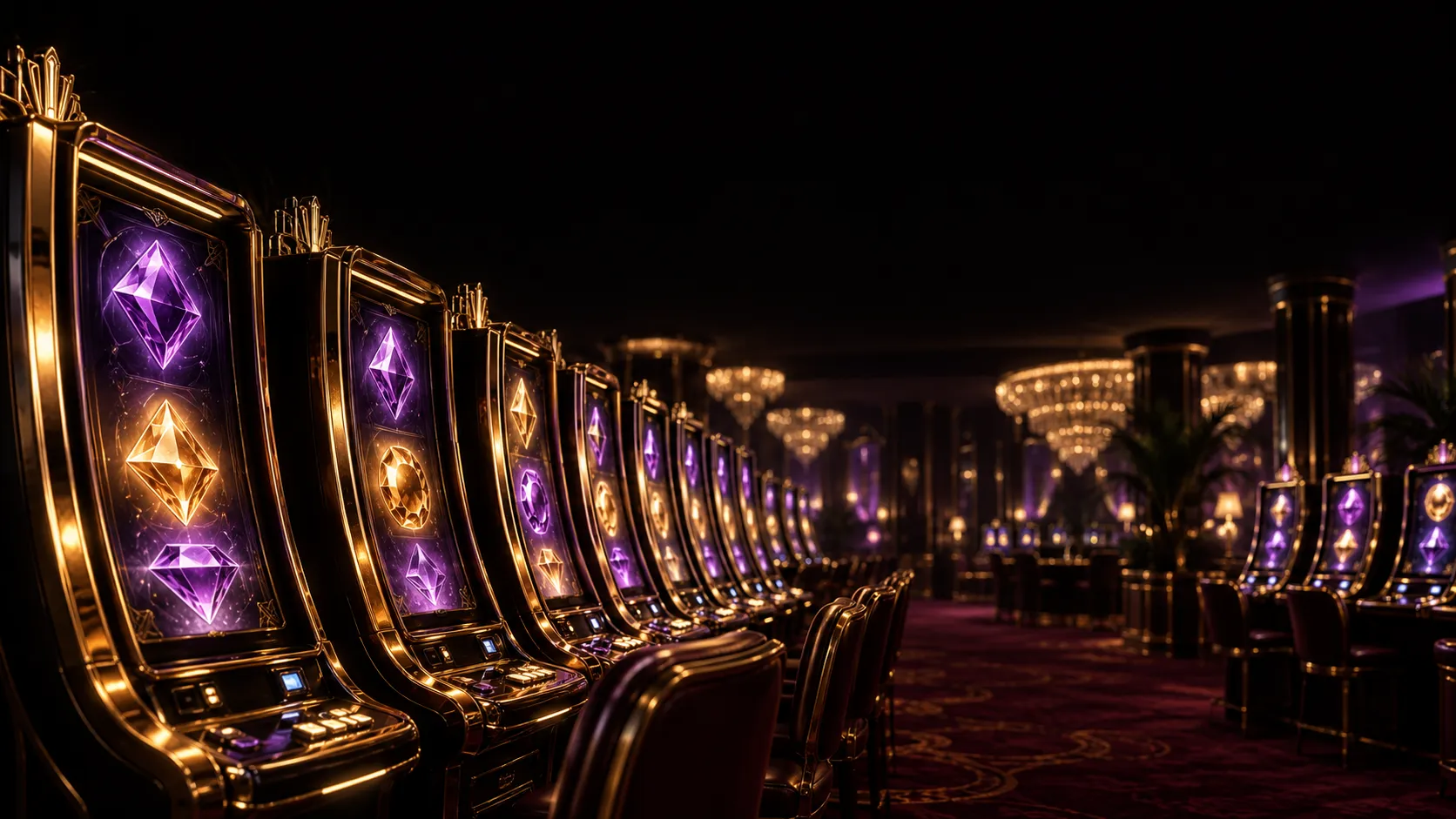 Row of glowing pokie machine cabinets lit up in a dim casino aisle