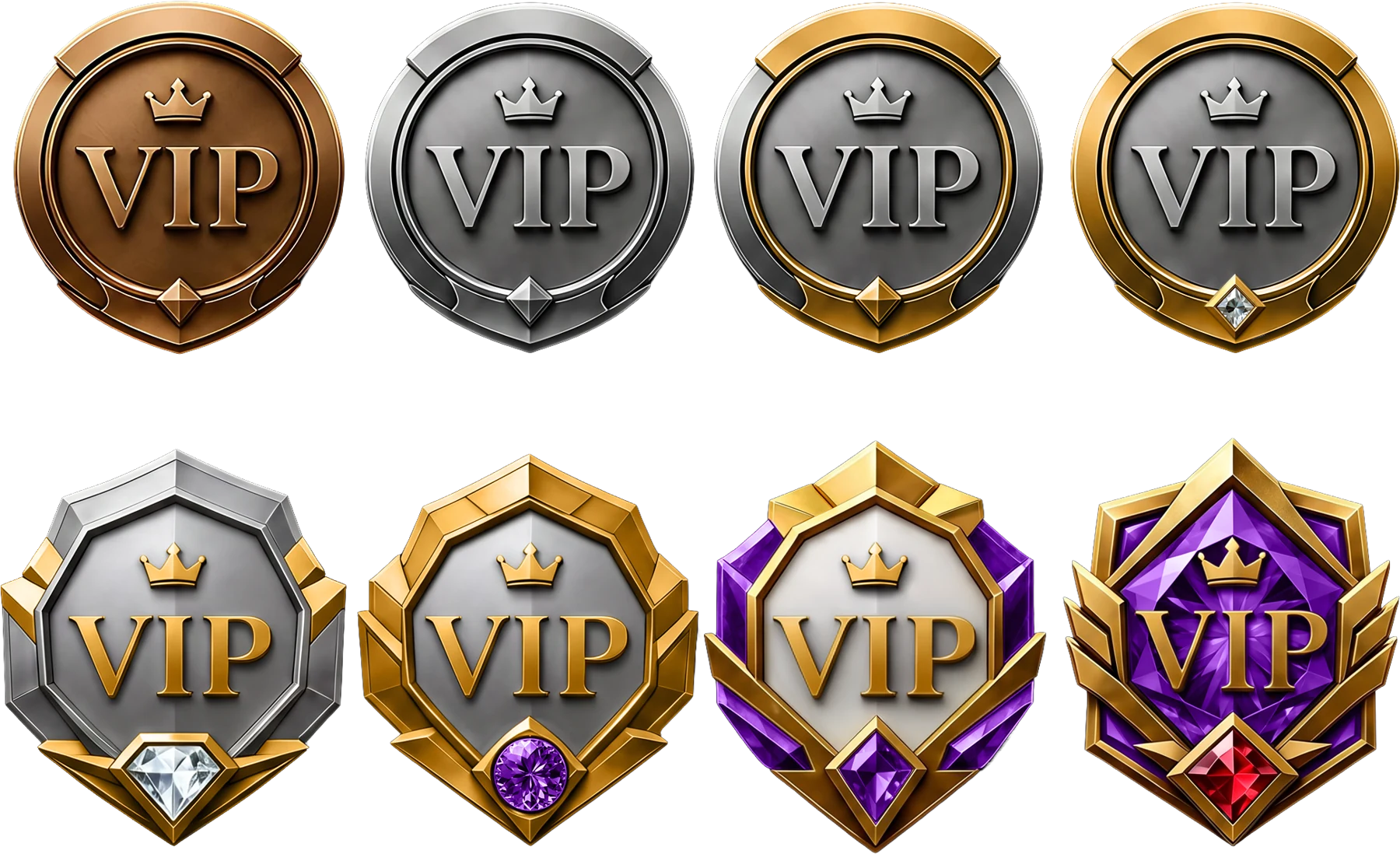 Set of eight round bronze-to-gold reward badges representing tiered casino perks