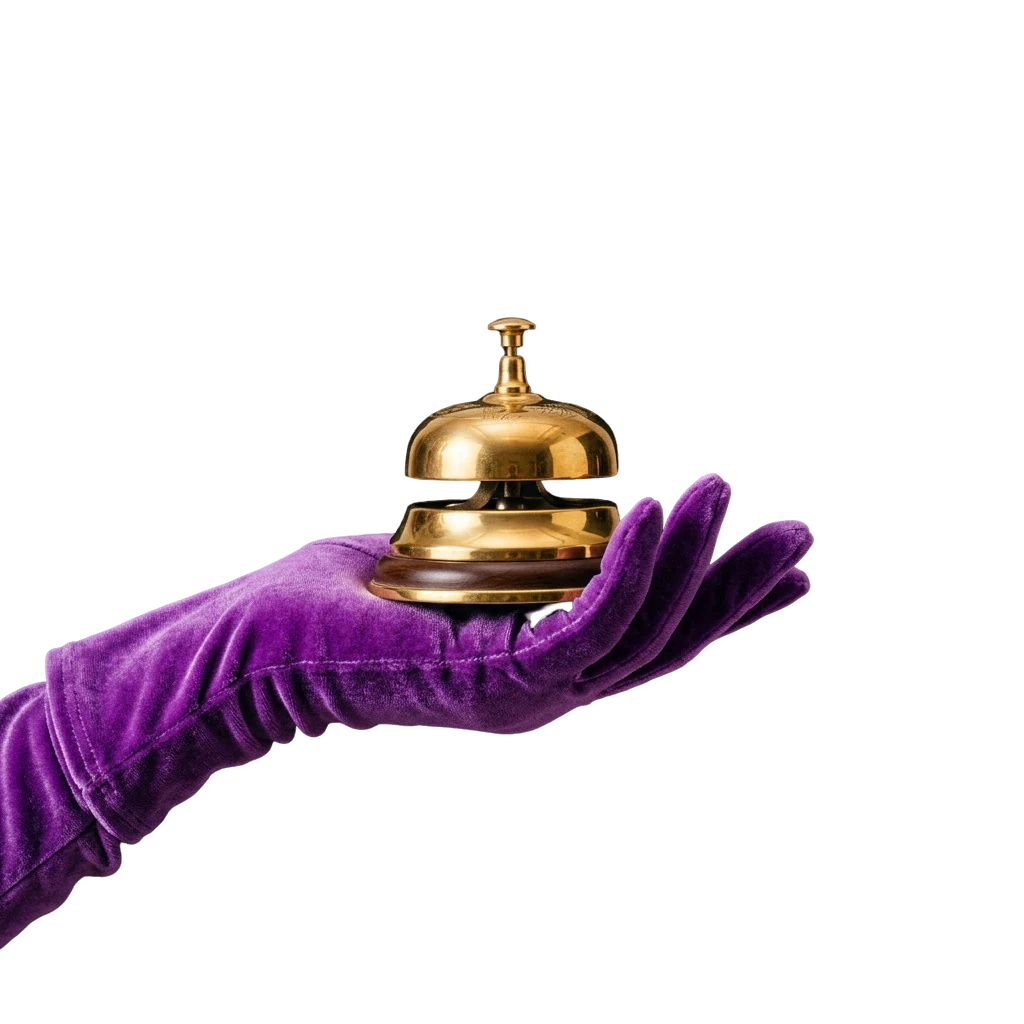 Velvet-gloved hand holding a gold service bell, standing in for live chat support