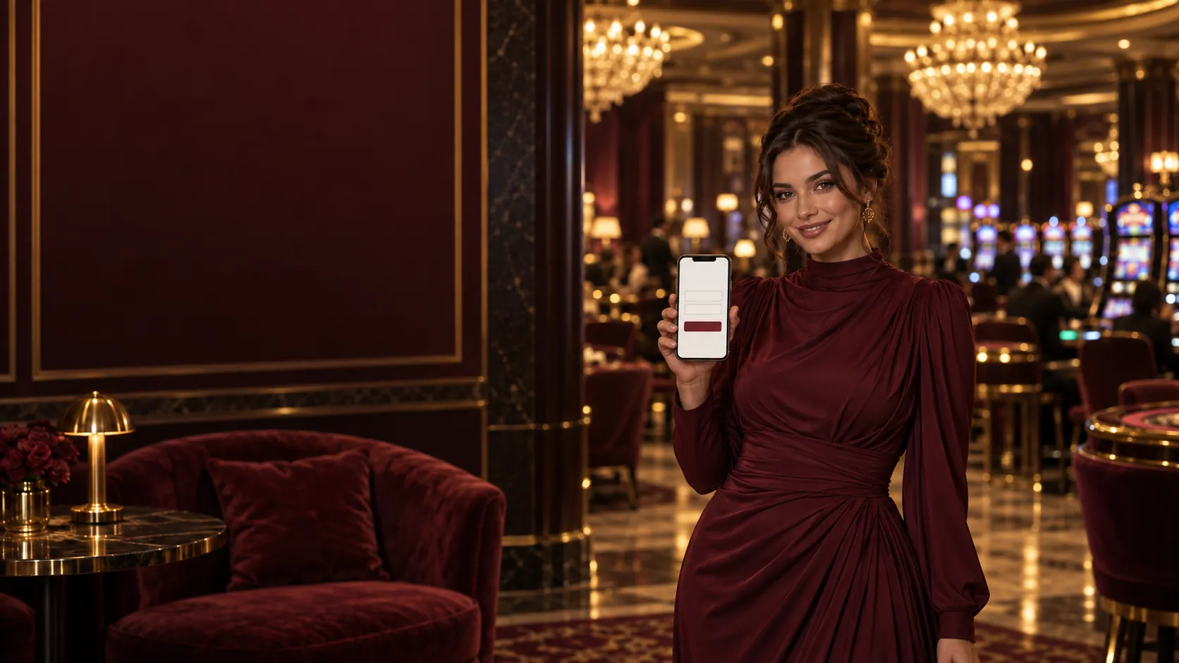 Woman in an evening gown in a casino lounge holding a phone showing the Here2Win Casino login form