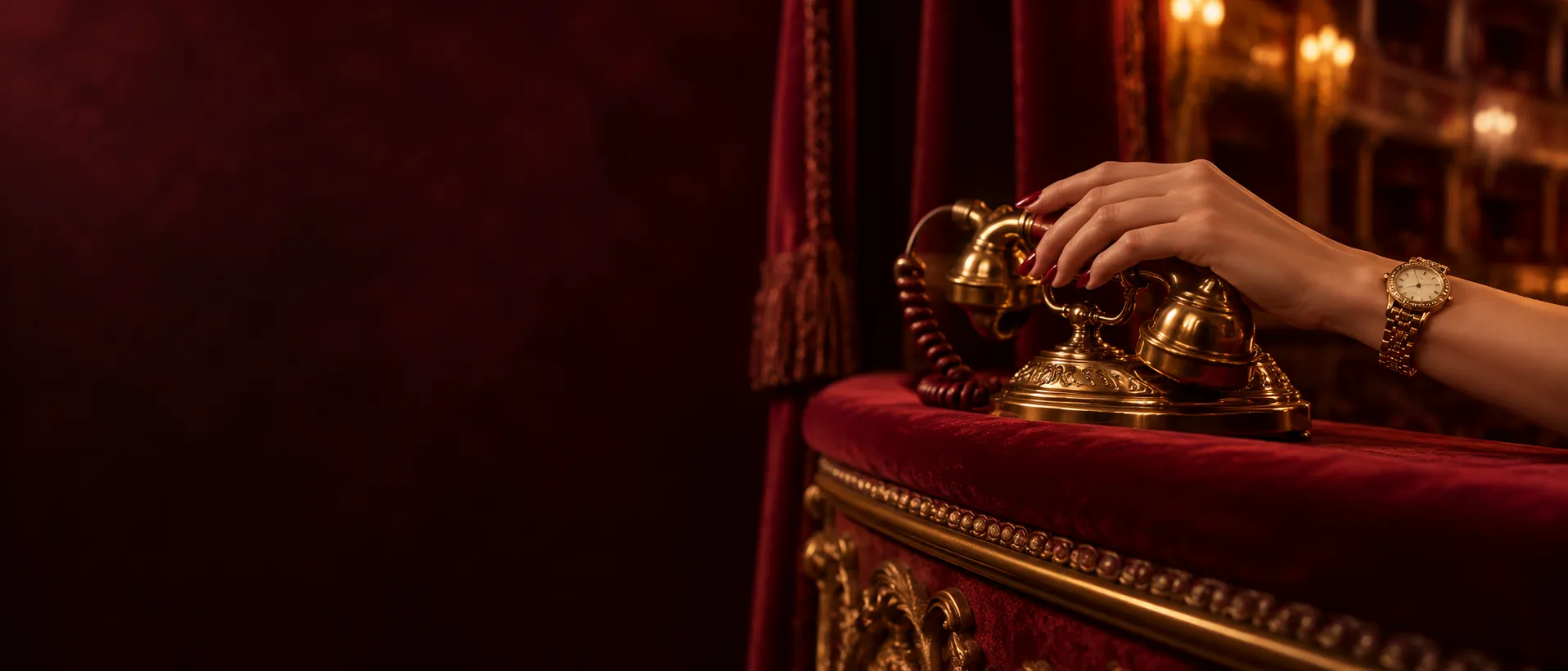 Hand touching a gold vintage telephone in a red velvet opera box, ready to take the next question