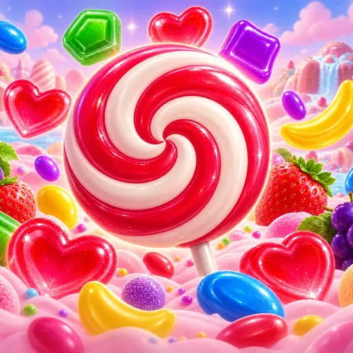 Sweet Bonanza cover art with sweets and fruit symbols